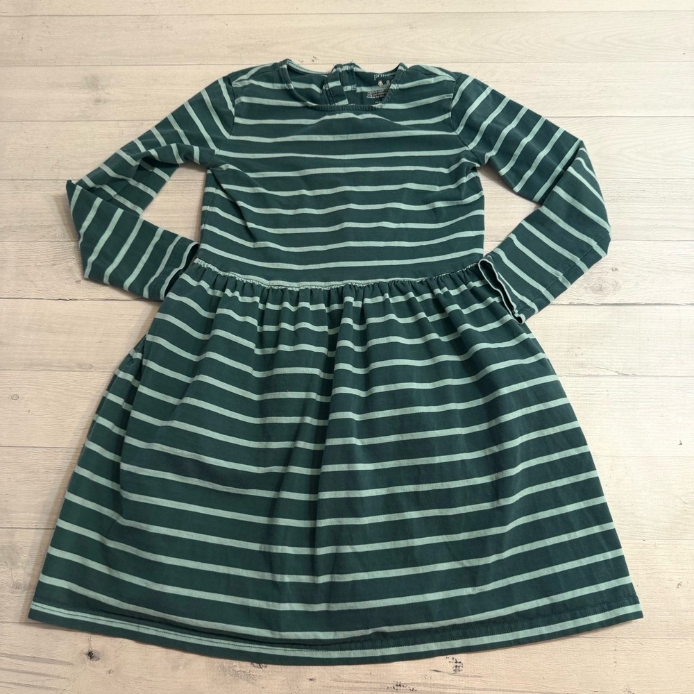 Primary girls long sleeve dress‎ blue green stripes size 8/9